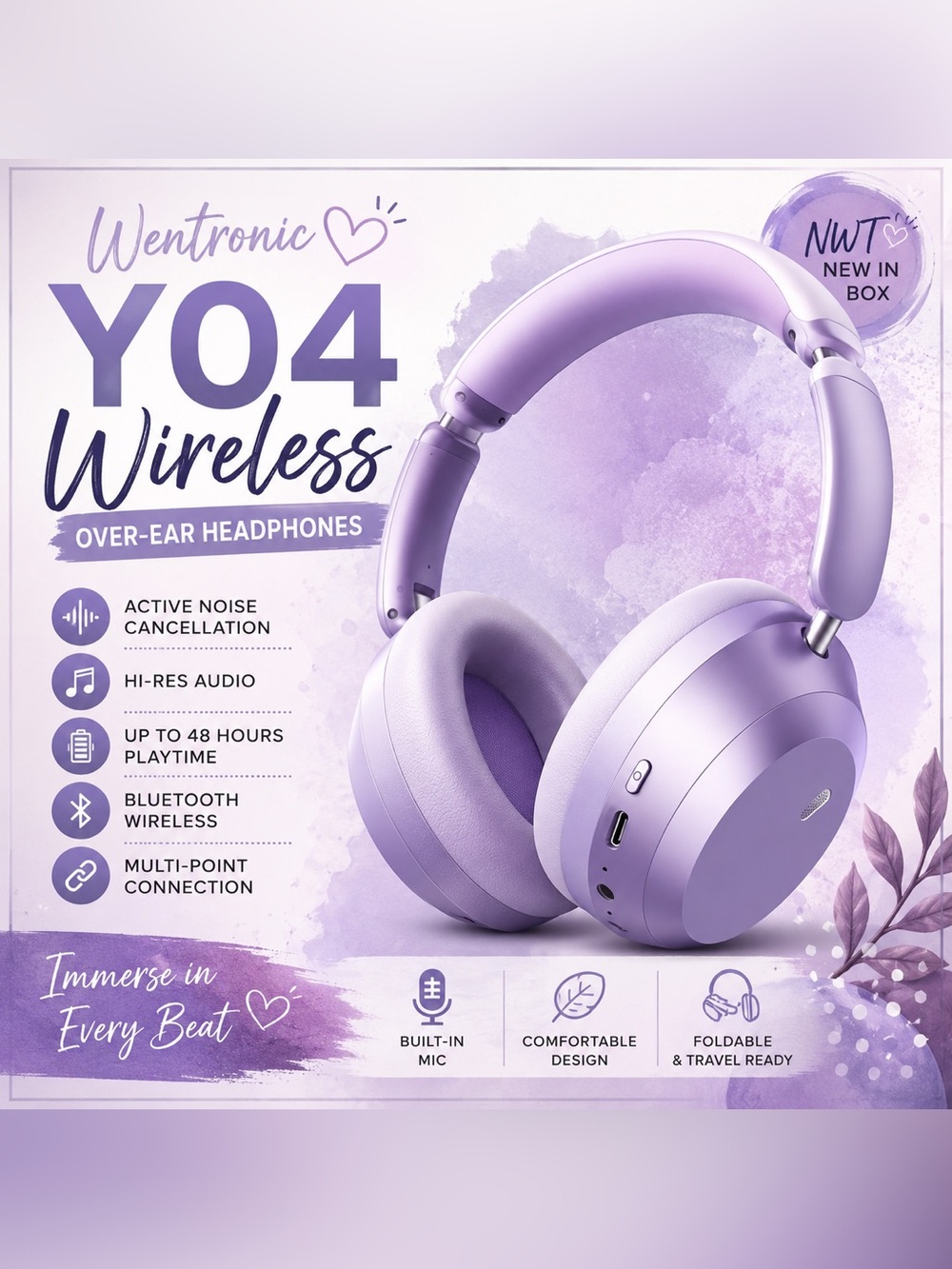NWT Wentronic Y04 Purple Wireless Bluetooth ANC Over-Ear Headphones